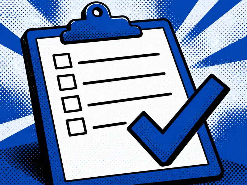 Poster illustration of a checklist clipboard with blank lines and one large tick