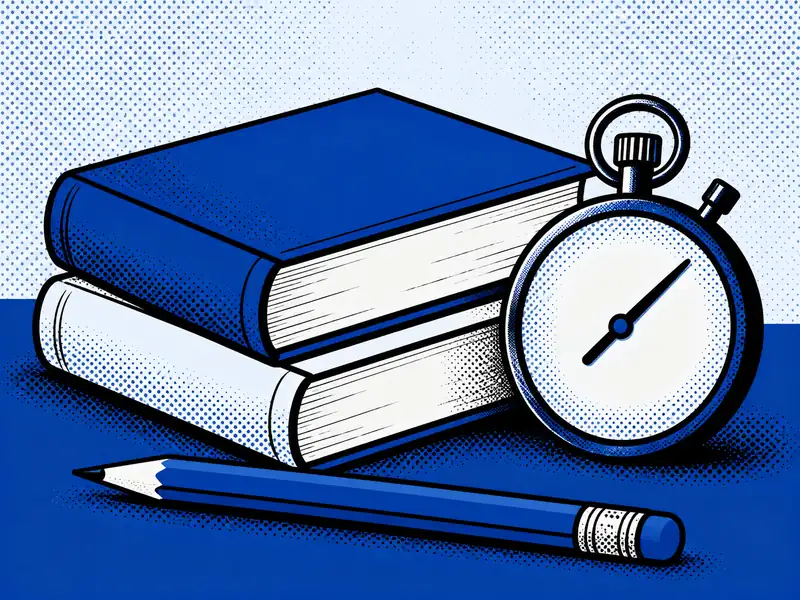 Poster illustration of two stacked course books with a pencil and a stopwatch