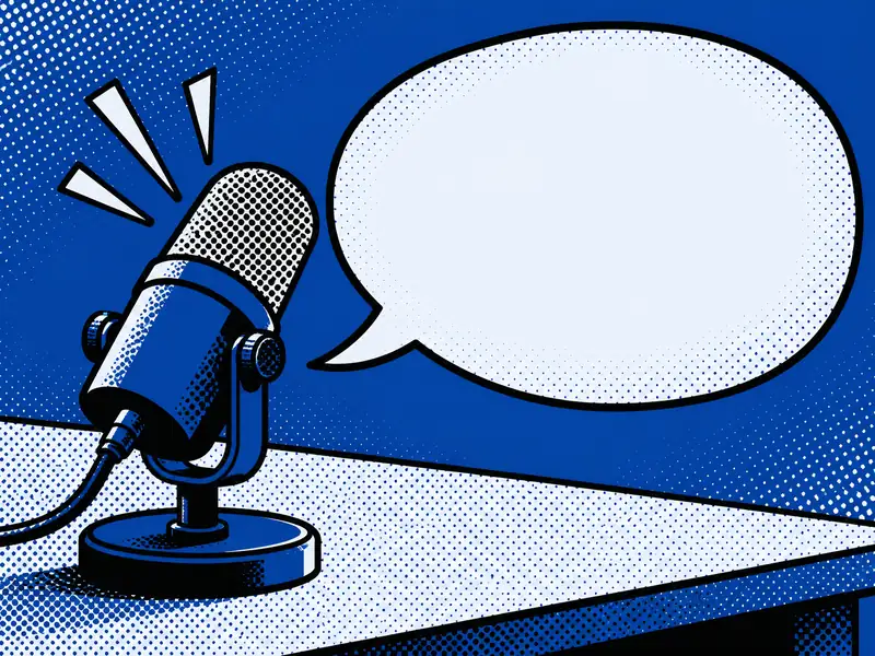 Poster illustration of a desk microphone beside a large empty speech bubble