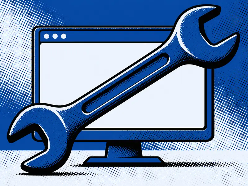 Poster illustration of a large wrench crossing a computer window with a blank screen