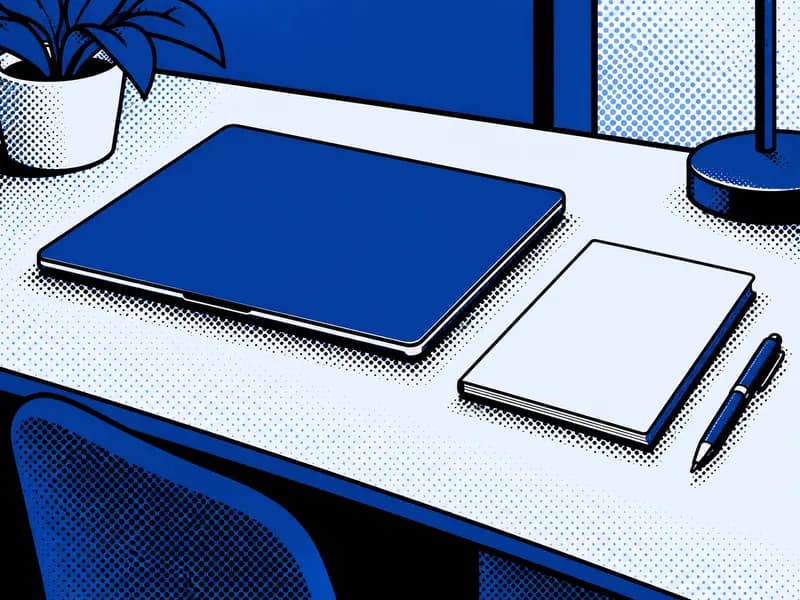 Poster illustration of a closed laptop on a desk beside a closed booklet and a pen